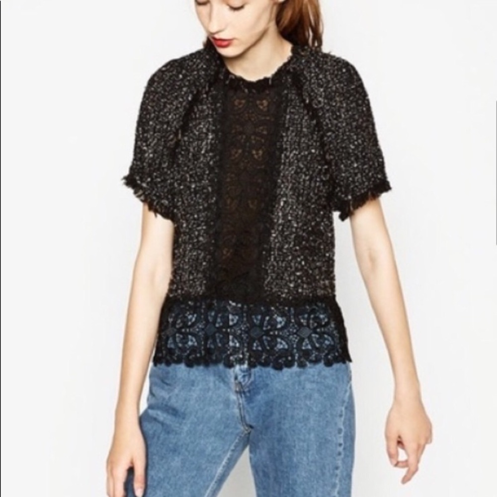ZARA tweed & lace boxy top fringe hem
